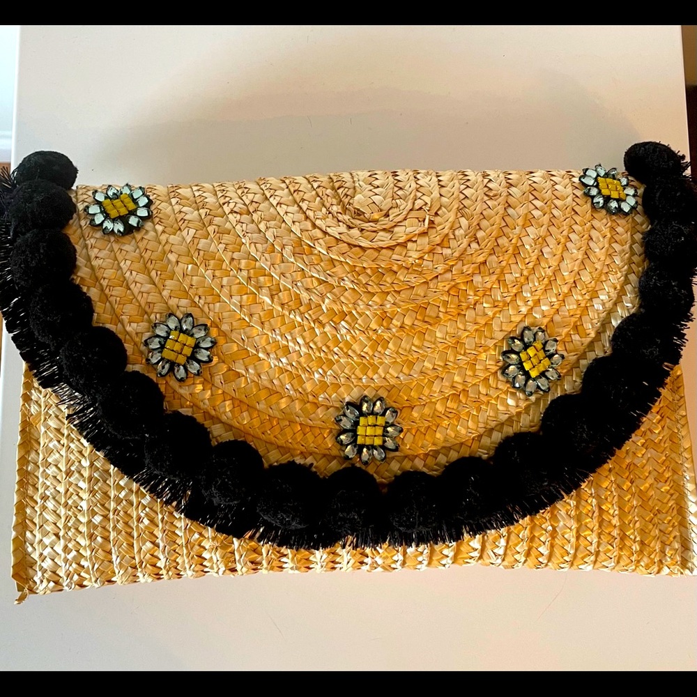 Super Sweet Embellished Straw Clutch w/Chain Strap